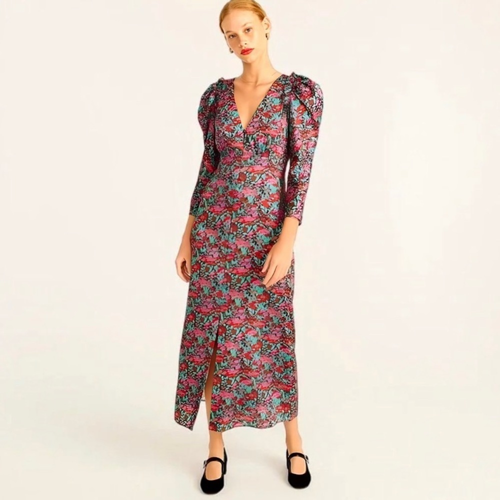 J Crew Collection Drapey Puff Sleeved Midi in Ratti Red Blooms